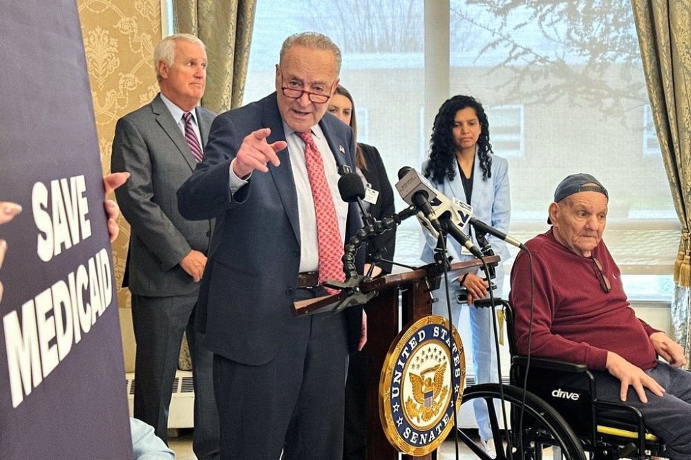 Senate Democratic Leader Chuck Schumer speaks at a news conference at Carillon Nursing and Rehabilitation Center in Huntington, N.Y., March 31, 2025. (AP Photo/Mike Balsamo)