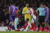 Arsenal's Gabriel receives medical treatment during the English Premier League soccer match between Arsenal and Fulham at Emirates stadium in London, Tuesday, April 1, 2025. (AP Photo/Kirsty Wigglesworth)