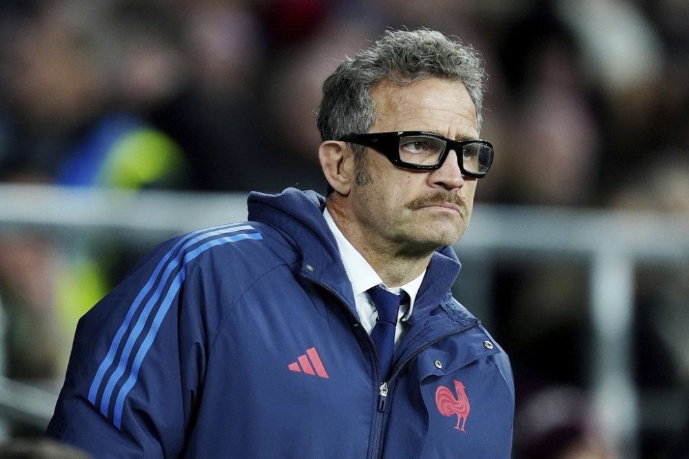 France head coach Fabien Galthie stands on the touchline during the Six Nations match against England at Twickenham, London Saturday Feb. 8, 2025. (David Davies/PA via AP)
