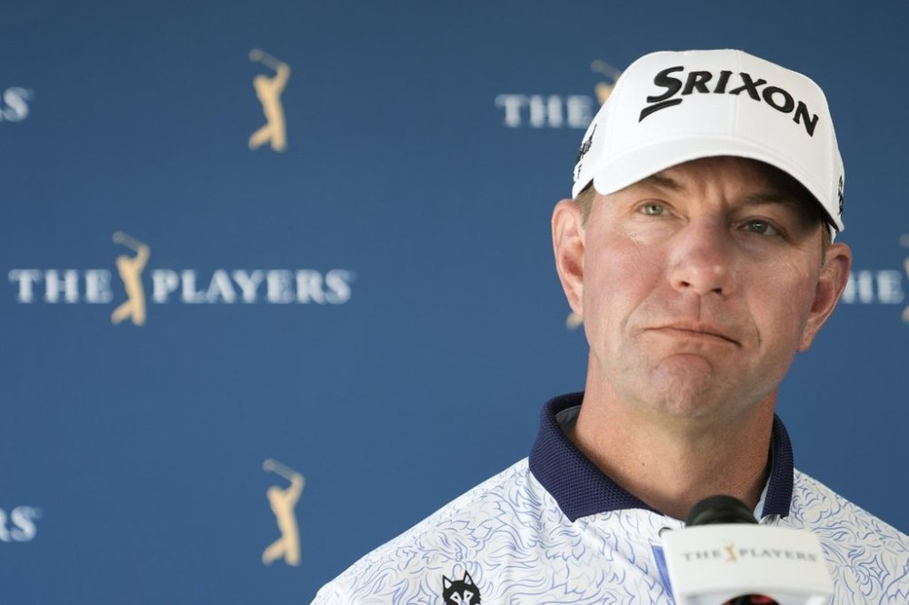 Lucas Glover listens to a question after completing the first round of The Players Championship golf tournament Thursday, March 13, 2025, in Ponte Vedra Beach, Fla. (AP Photo/Chris O'Meara)