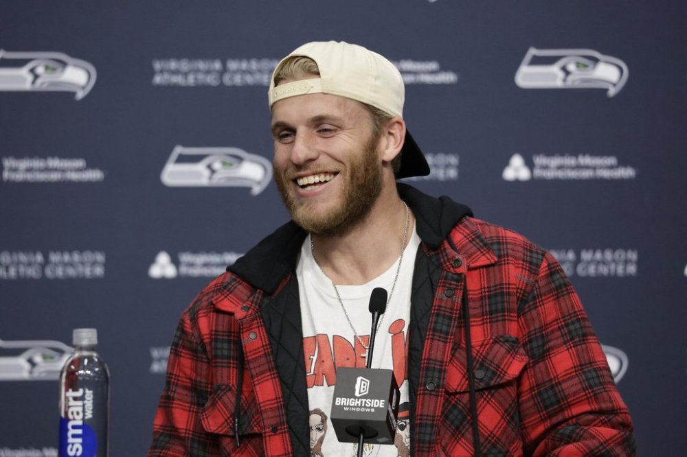 Seattle Seahawks wide receiver Cooper Kupp speaks during an introductory press conference, Tuesday, March 18, 2025, at the team headquarters in Renton, Wash. (AP Photo/John Froschauer)