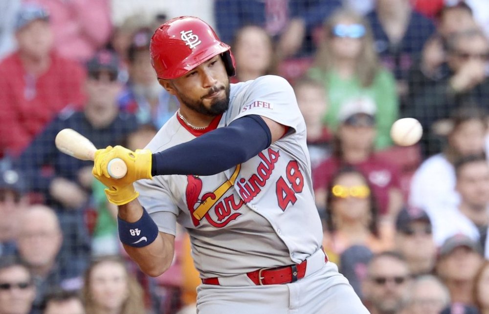 St. Louis Cardinals' Iván Herrera watches the ball during the ninth inning of a baseball game against the Boston Red Sox, Friday, April 4, 2025, in Boston. (AP Photo/Mark Stockwell)