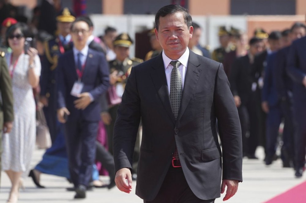 Cambodian Prime Minister Hun Manet arrives for presiding over an official inauguration of the Ream Naval Base in Sihanoukville, southwestern of Phnom Penh, Cambodia, Saturday, April 5, 2025. (AP Photo/Heng Sinith)