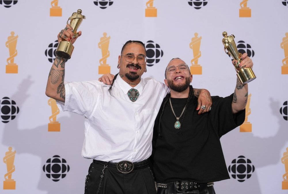 Snotty Nose Rez Kids pose for photos after winning Rap Album/EP of the Year during the Juno Awards Gala in Vancouver, on Saturday, March 29, 2025. THE CANADIAN PRESS/Darryl Dyck
