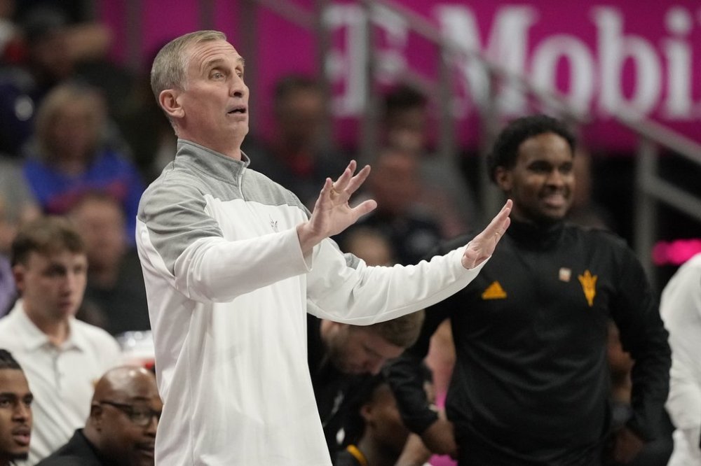 Arizona State head coach Bobby Hurley is seen on the sidelines during the second half of an NCAA college basketball game against Kansas State in the first round of the Big 12 Conference tournament, Tuesday, March 11, 2025, in Kansas City, Mo. (AP Photo/Charlie Riedel)
