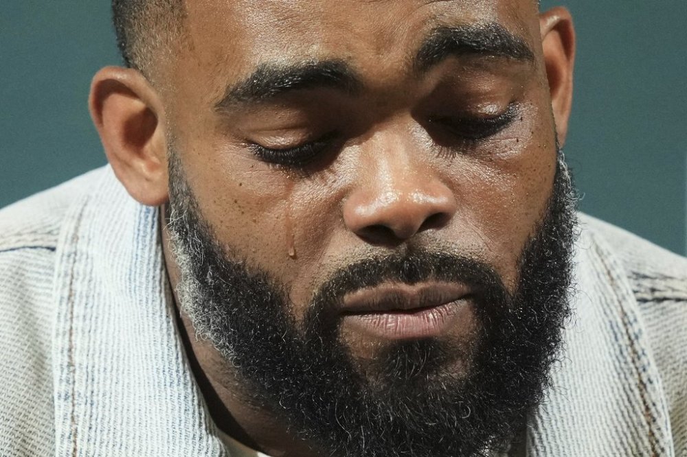 Brandon Graham cries during a news conference announcing his retirement, Tuesday, March 18, 2025, at the Philadelphia Eagles' NFL football training facility in Philadelphia. (AP Photo/Matt Rourke