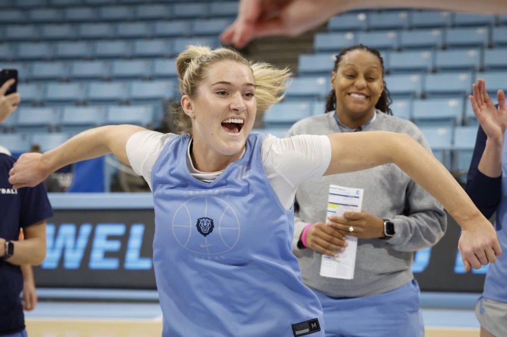 Columbia guard Kitty Henderson celebrates at practice in Chapel Hill, N.C., Wednesday, March 19, 2025, before their First Four basketball game in the NCAA Tournament against Washington on March 20. (AP Photo/Nell Redmond)