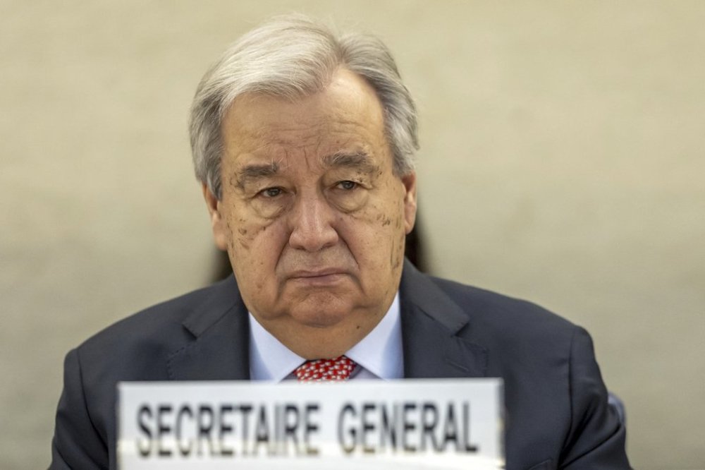U.N. Secretary-General Antonio Guterres attends the High-Level Segment of the 58th session of the Human Rights Council at the European headquarters of the United Nations in Geneva, Switzerland, Monday, Feb. 24, 2025. (Salvatore Di Nolfi/Keystone via AP)