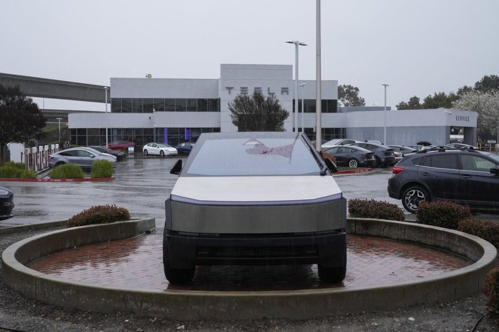 A Cybertruck at a Tesla dealership in Dublin, Calif., Wednesday, March 12, 2025. (AP Photo/Godofredo A. Vásquez)