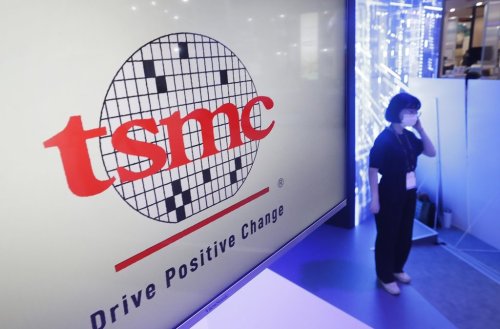FILE - This photo shows the logo of TSMC (Taiwan Semiconductor Manufacturing Company) during the Taiwan Innotech Expo at the World Trade Center in Taipei, Taiwan, Oct. 14, 2022. (AP Photo/Chiang Ying-ying, File)