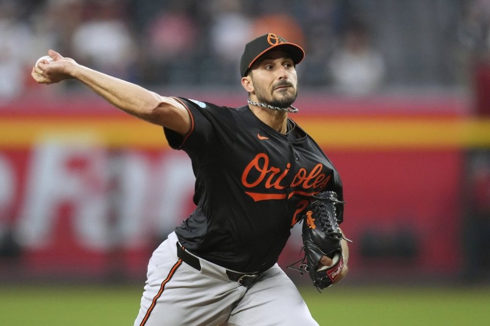 Baltimore Orioles starting pitcher Zach Eflin throws against the Arizona Diamondbacks during the first inning of a baseball game Monday, April 7, 2025, in Phoenix. (AP Photo/Ross D. Franklin)