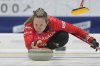 Canada's skip Rachel Homan releases the stone during the match against Italy at the World Women's Curling Championship in Uijeongbu, South Korea, Friday, March 21, 2025. (AP Photo/Lee Jin-man)