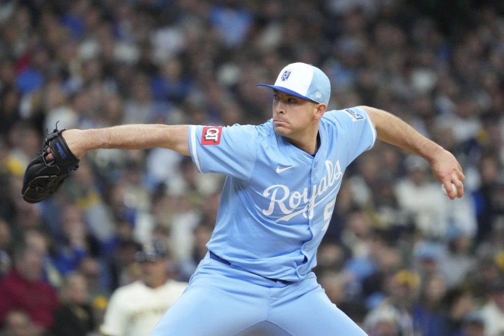 Kansas City Royals pitcher Kris Bubic (50) throws during the second inning of a baseball game against the Milwaukee Brewers Monday, March 31, 2025, in Milwaukee. (AP Photo/Kayla Wolf)