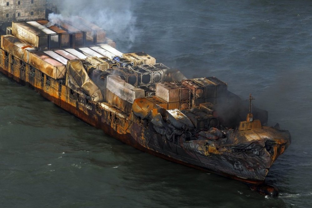 Smoke billows from the MV Solong cargo ship in the North Sea, off the Yorkshire coast in England, Tuesday, March 11, 2025. (Dan Kitwood/Pool Photo via AP)
