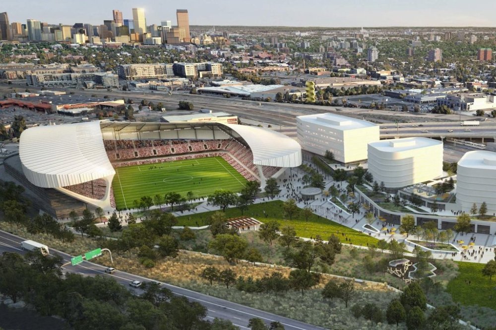 This image provided by the Skylark, shows an artists' rendering of the proposed new stadium for the expansion National Women’s Soccer League team in Denver. (Skylark via AP)