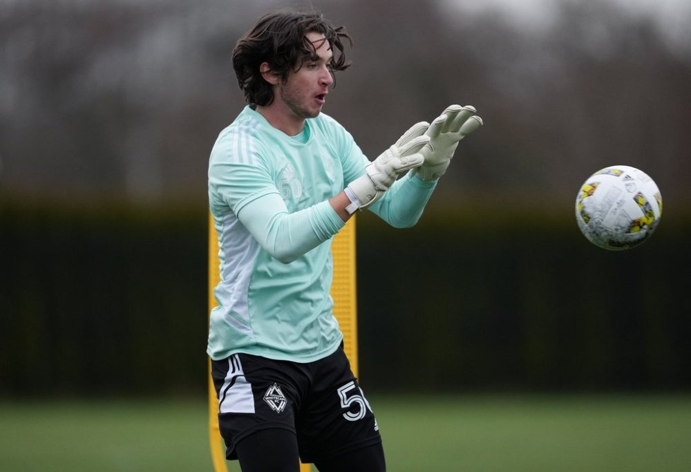 Whitecaps goalkeeper Max Anchor takes part in a drill on the opening day of the MLS soccer team's training camp in Vancouver on Monday, January 9, 2023. THE CANADIAN PRESS/Darryl Dyck