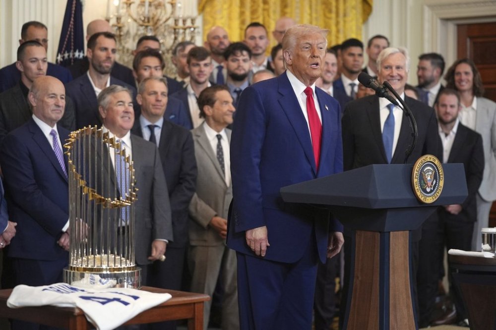 President Donald Trump speaks during a ceremony to honor the Major League Baseball 2024 World Series Champion Los Angeles Dodgers in the East Room of the White House, Monday, April 7, 2025, in Washington. (AP Photo/Evan Vucci)