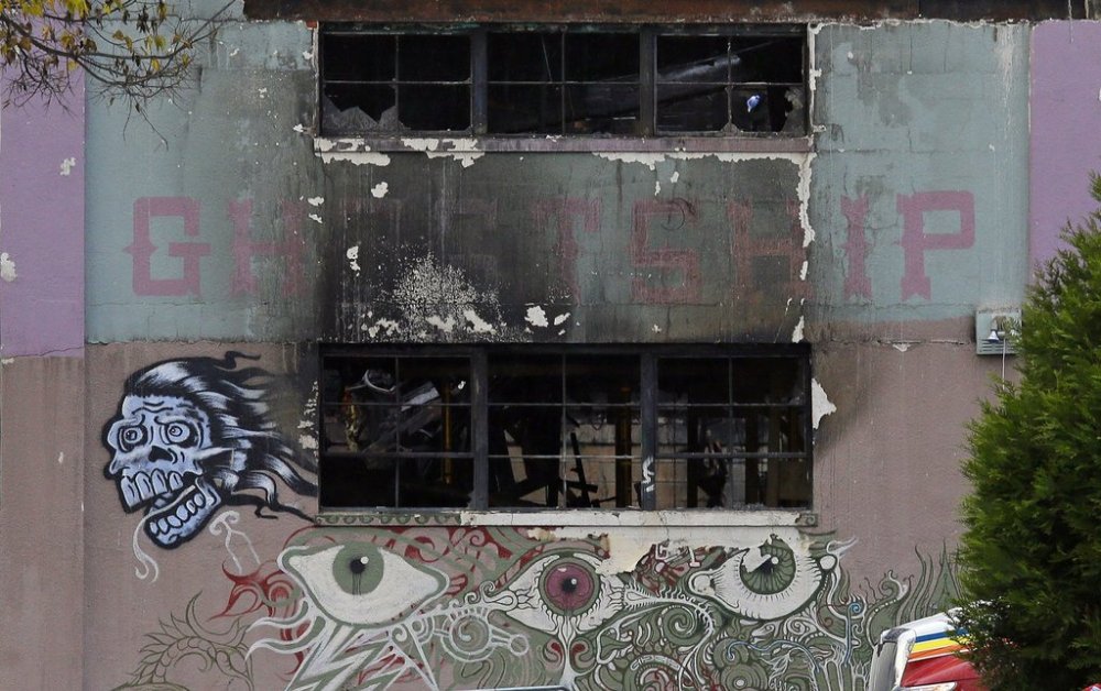 FILE - This Dec. 7, 2016 file photo shows the front of The Ghost Ship warehouse damaged from a deadly fire in Oakland, Calif. (AP Photo/Eric Risberg, File)