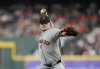 San Francisco Giants starting pitcher Logan Webb (62) pitches to Houston Astros' Jose Altuve during the first inning of a baseball game Tuesday, April 1, 2025, in Houston. (AP Photo/Karen Warren)