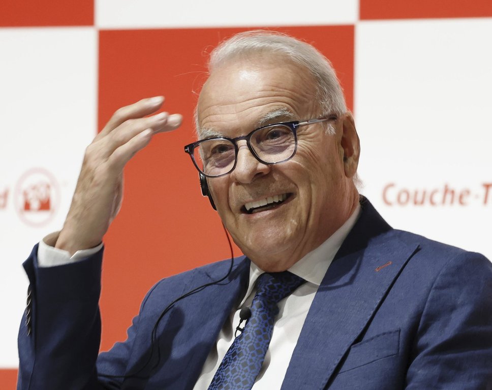 Alain Bouchard, chairman of Canada’s Alimentation Couche-Tard, speaks during a press conference in Tokyo, Thursday, March 13, 2025. (Kyodo News via AP)