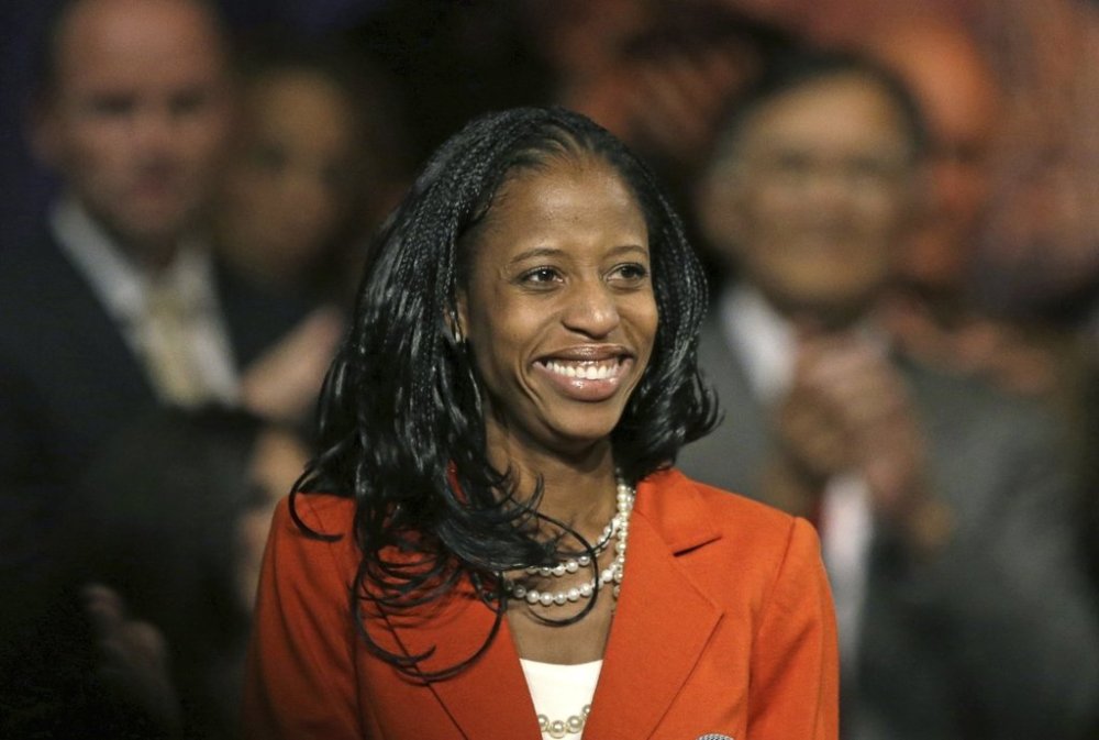 FILE - Mia Love, the Republican nominee in Utah's 4th congressional district, smiles after speaking during a rally in Lehi, Utah, Oct. 8, 2014. (AP Photo/Rick Bowmer, File)