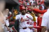 St. Louis Cardinals' Iván Herrera is congratulated in the dugout by teammates after hitting a home run against the Los Angeles Angels during the fourth inning of a baseball game Wednesday, April 2, 2025, in St. Louis. (AP Photo/Jeff Le)