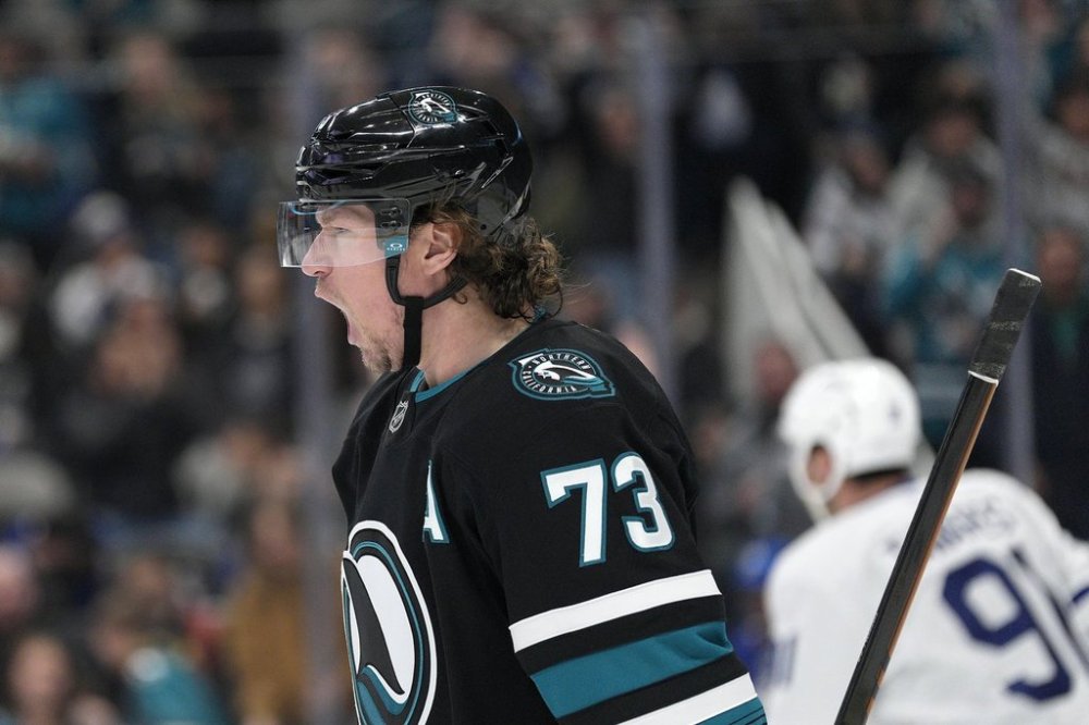 San Jose Sharks center Tyler Toffoli (73) celebrates after scoring a goal against the Toronto Maple Leafs during the first period of an NHL hockey game in San Jose, Calif., Thursday, March 27, 2025.(AP Photo/Tony Avelar)