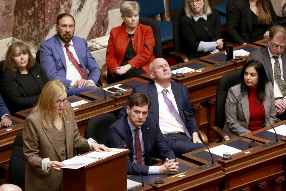 Minister of Finance Brenda Bailey tables her first budget in the legislative assembly at legislature in Victoria, B.C., on March 4, 2025. THE CANADIAN PRESS/Chad Hipolito