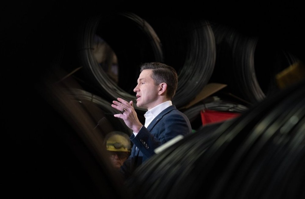 Conservative Leader Pierre Poilievre speaks during a news conference at the Ivaco rolling mill in L'Orignal, Ont., on March 17, 2025. THE CANADIAN PRESS/Adrian Wyld