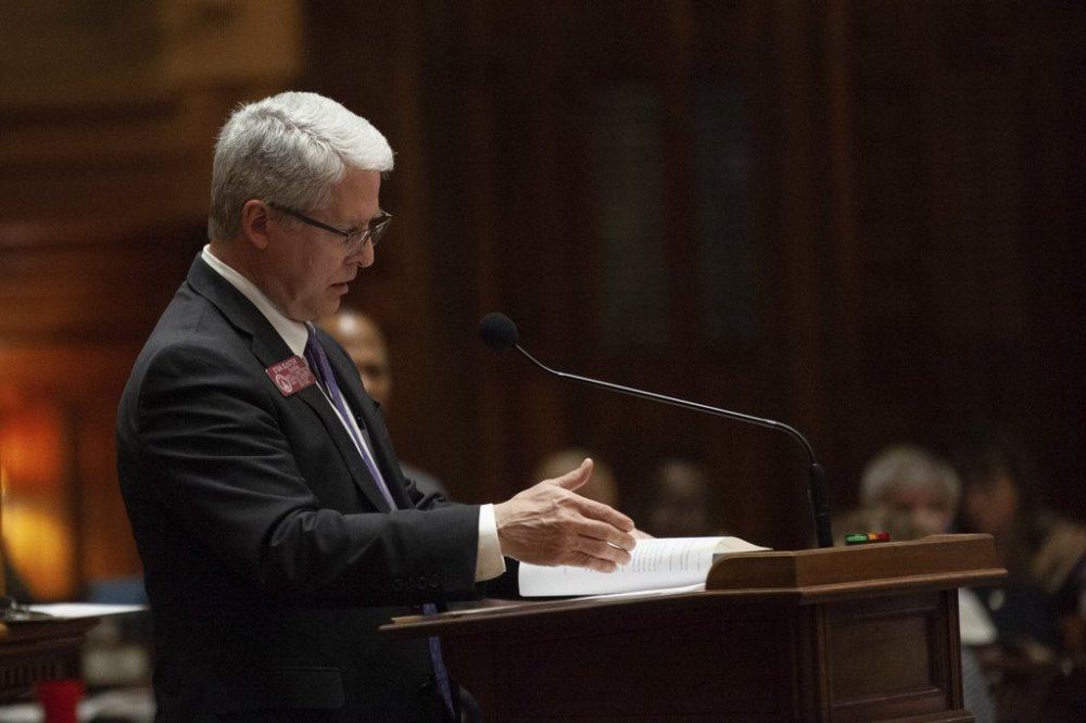 FILE - House Election Integrity Chairman Stan Gunter speaks about election bill SB 89 on Sine Die, the last day of the General Assembly at the Georgia State Capitol in Atlanta on Monday, April 4, 2022. (Branden Camp /Atlanta Journal-Constitution via AP, File)
