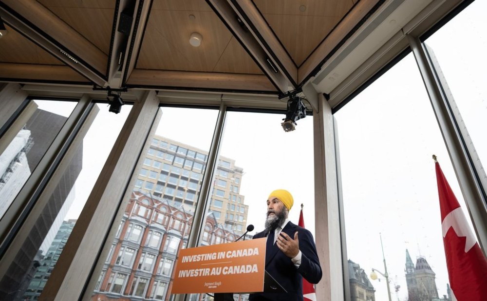 NDP Leader Jagmeet Singh makes an announcement during a federal election campaign stop in Ottawa on Thursday, April 3, 2025. THE CANADIAN PRESS/Christinne Muschi