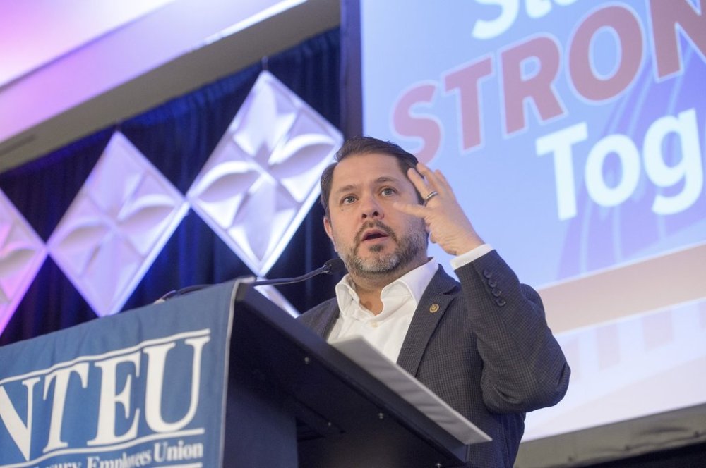 Sen. Ruben Gallego, D-AZ., speaks during the opening session of the National Treasury Employees Union (NTEU) Legislative Conference at the Hilton Washington DC National Mall The Wharf, Tuesday, March 4, 2025, in Washington. (AP Photo/Rod Lamkey, Jr.)