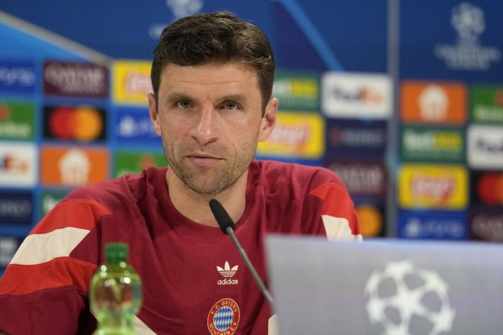 FILE - Bayern's Thomas Mueller attends a news conference in Munich, Germany, Tuesday, Jan. 28, 2025. (AP Photo/Matthias Schrader, file)