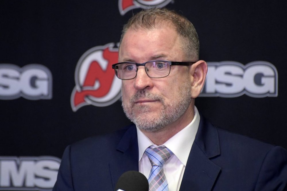 FILE - New Jersey Devils general manager Tom Fitzgerald speaks during an NHL hockey news conference, Tuesday, Nov. 30, 2021, in Newark, N.J. (AP Photo/Bill Kostroun, File)