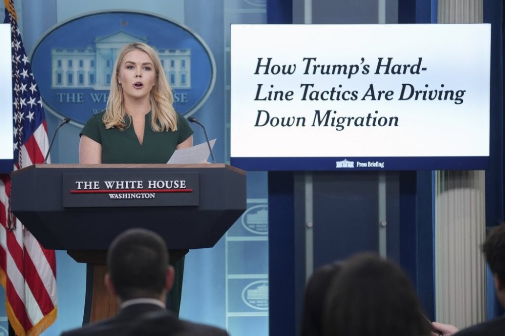 White House press secretary Karoline Leavitt speaks during a press briefing at the White House, Monday, March 17, 2025, in Washington. (AP Photo/Evan Vucci)