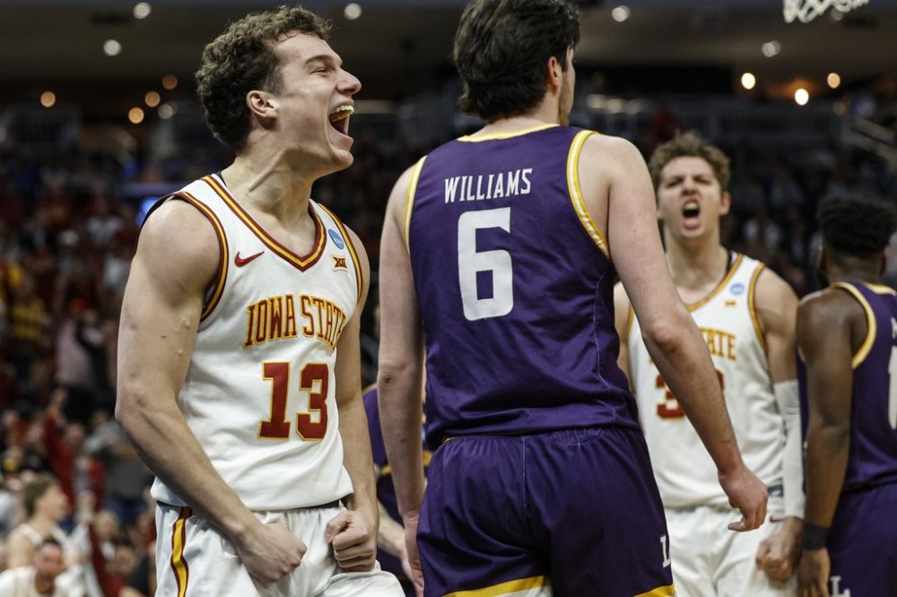 Iowa State's Cade Kelderman reacts against Lipscomb in the first round of the NCAA college basketball tournament Friday, March 21, 2025, in Milwaukee. (AP Photo/Jeffrey Phelps)
