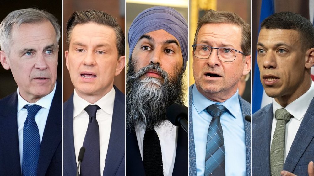 This composite image shows, left to right, Liberal Leader Mark Carney on March 21, 2025; Conservative Leader Pierre Poilievre on March 4, 2025; NDP Leader Jagmeet Singh on Jan. 22, 2025; Bloc Leader Yves-Francois Blanchet on March 5, 2025; Green Party co-leader Jonathan Pedneault on March 5, 2025, in Ottawa. THE CANADIAN PRESS/Sean Kilpatrick, Adrian Wyld, Justin Tang