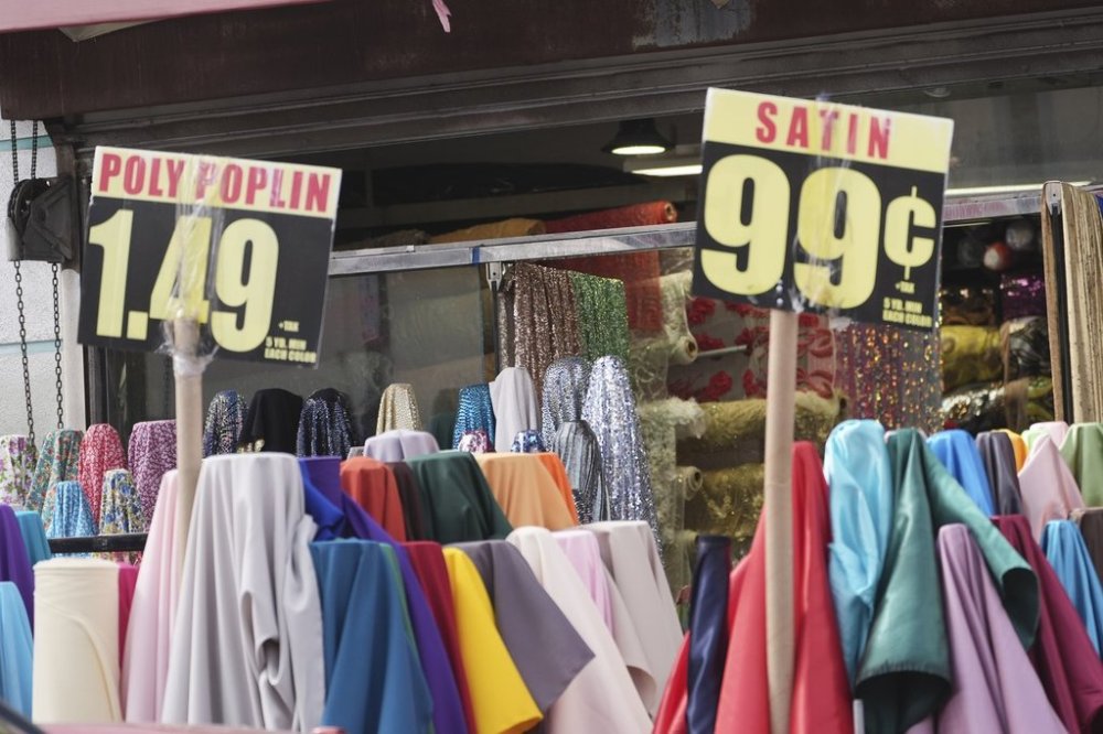 Textiles are displayed in the fashion district Thursday, April 3, 2025, in Los Angeles. (AP Photo/Damian Dovarganes)