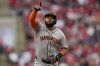 San Francisco Giants' Heliot Ramos celebrates his two-run homer as he round the bases in the fourth inning of an opening-day baseball game against the Cincinnati Reds, Thursday, March, 27, 2025, in Cincinnati. (AP Photo/Carolyn Kaster)