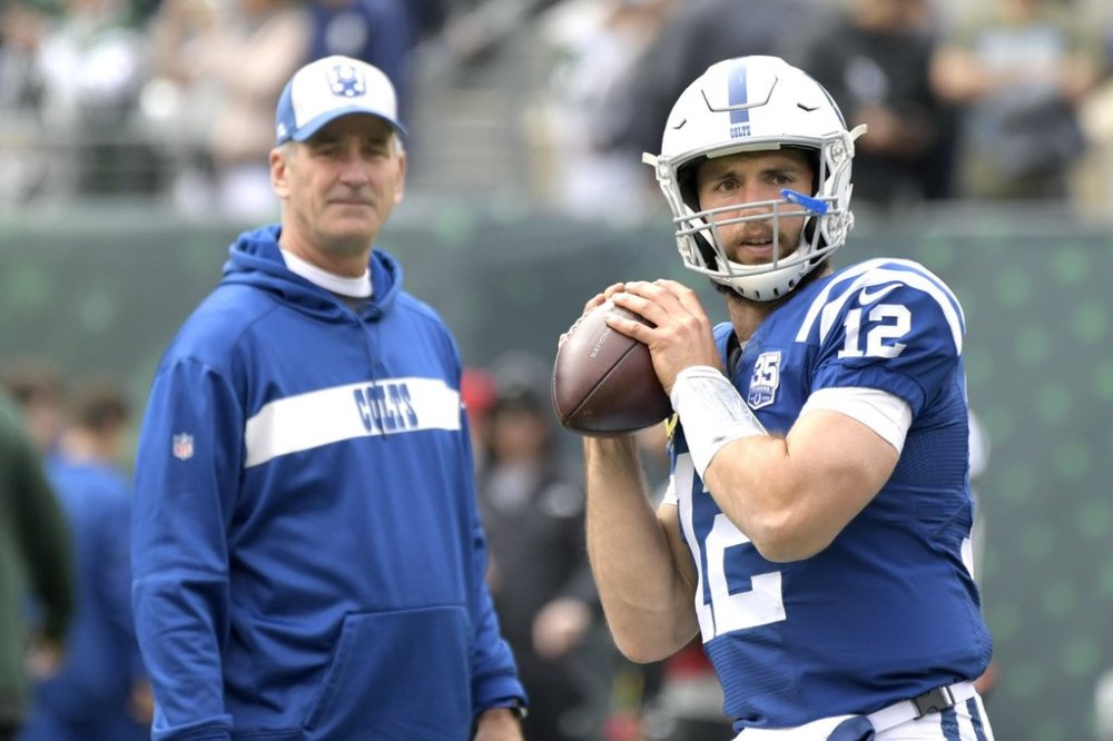FILE - Indianapolis Colts quarterback Andrew Luck (12) warms up as head coach Frank Reich looks on prior to an NFL football game against the New York Jets, in East Rutherford, N.J, Oct. 14, 2018. (AP Photo/Bill Kostroun, File)