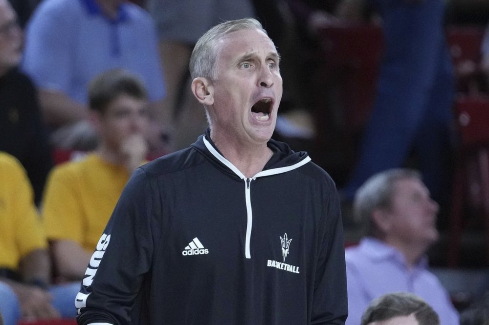 Arizona State head coach Bobby Hurley calls out to his team during the first half of an NCAA college basketball game against BYU, Wednesday, Feb. 26, 2025, in Tempe, Ariz. (AP Photo/Darryl Webb)