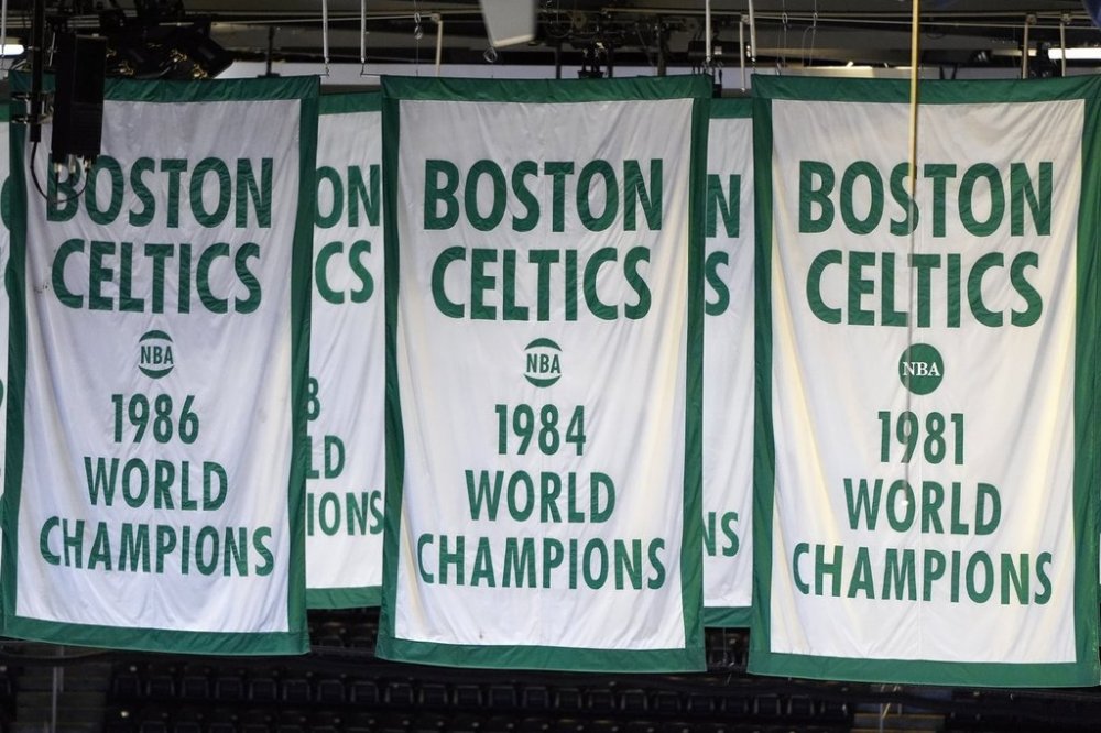 FILE - Boston Celtics' NBA championship banners hang from the rafters at TD Garden, Wednesday, March. 27, 2024, in Boston. (AP Photo/Michael Dwyer, File)