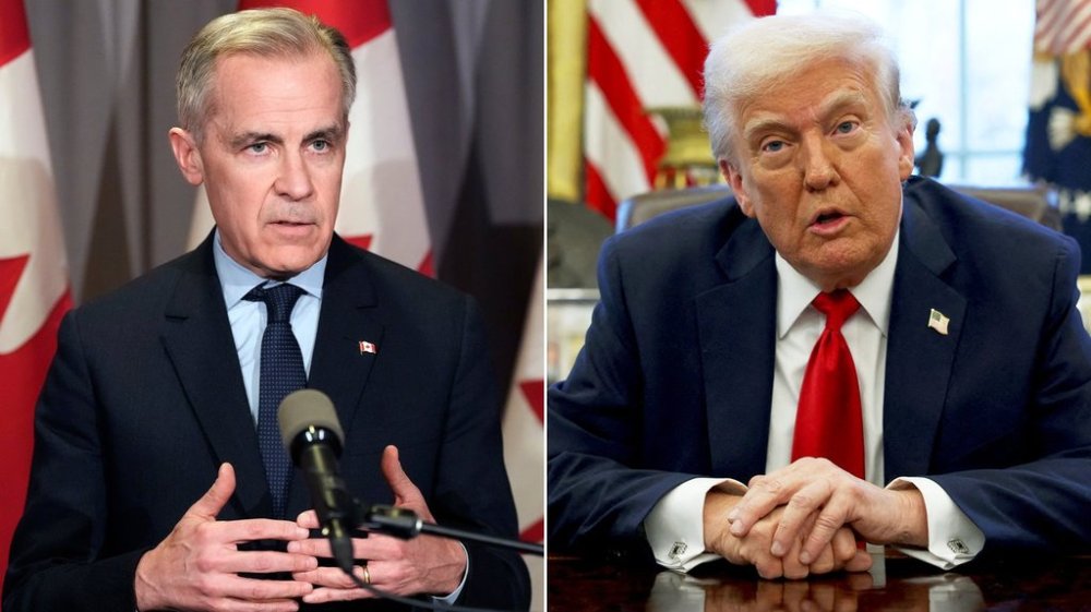 This composite image shows Prime Minister Mark Carney, left, in Kitchener, Ont. on March 26, 2025 and President Donald Trump, right, in Washington on March 26, 2025. THE CANADIAN PRESS/Frank Gunn/AP — Pool