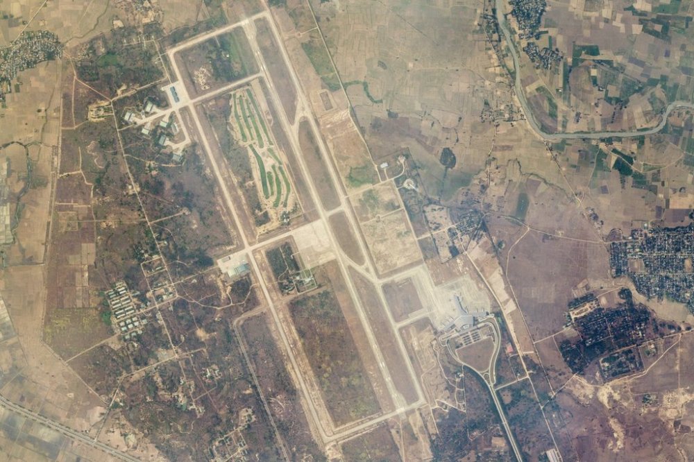 This satellite photo from Planet Labs PBC shows the Naypyitaw International Airport after an earthquake struck in Naypyitaw, Myanmar, Saturday, March 29, 2025. (Planet Labs PBC via AP)