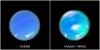 In this combination image released by ESA/Webb, left, an enhanced-color image of Neptune from the NASA/ESA Hubble Space Telescope and right, that image is combined with data from the NASA/ESA/CSA James Webb Space Telescope. (ESA/Webb via AP)