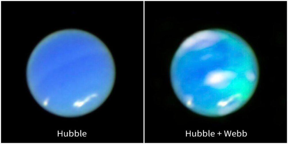 In this combination image released by ESA/Webb, left, an enhanced-color image of Neptune from the NASA/ESA Hubble Space Telescope and right, that image is combined with data from the NASA/ESA/CSA James Webb Space Telescope. (ESA/Webb via AP)