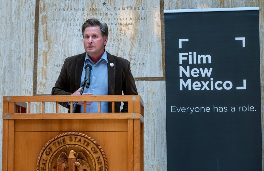 Actor Emilio Estevez announces the filming of Young Guns 3 will start in New Mexico, during Film and Media Day at the Legislature, Thursday, March 13, 2025, in Santa Fe, N.M. (Eddie Moore/The Albuquerque Journal via AP)