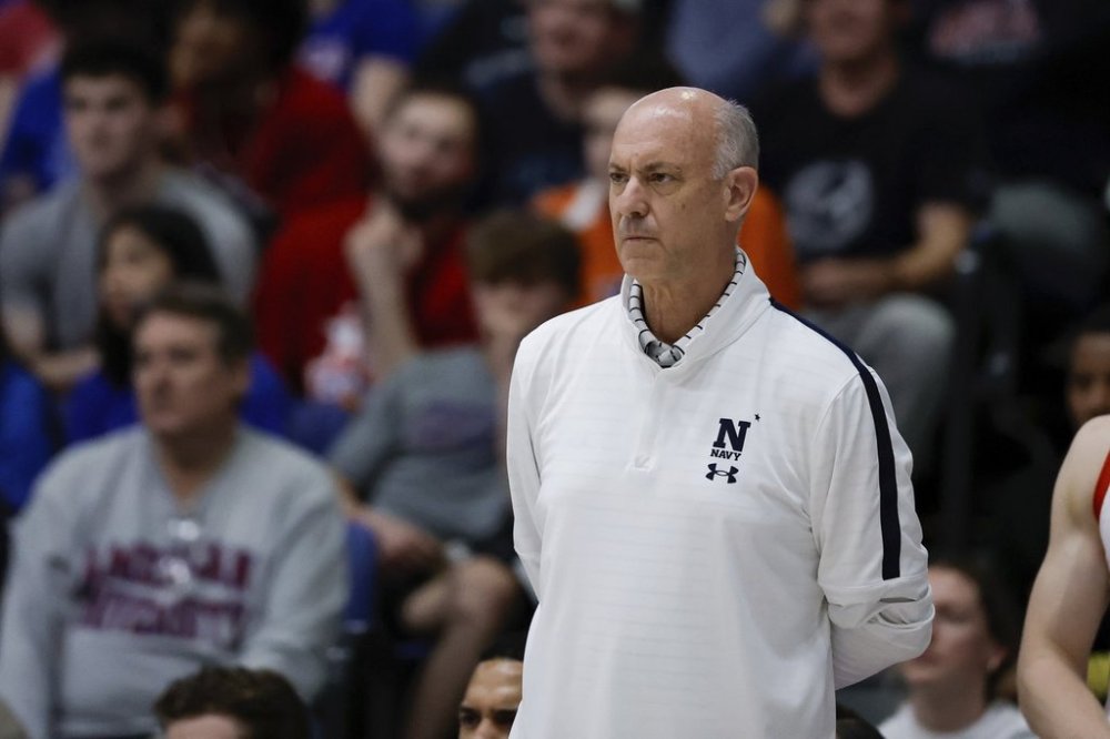Navy head coach Ed DeChellis looks on during the second half of an NCAA college basketball game in the championship of the Patriot League tournament against American, Wednesday, March 12, 2025, in Washington. (AP Photo/Terrance Williams)