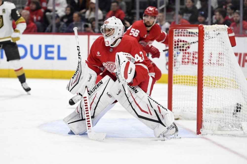 Detroit Red Wings goaltender Petr Mrazek (43) watches during the first period of an NHL hockey game against the Vegas Golden Knights, Sunday, March 16, 2025, in Detroit. (AP Photo/Jose Juarez)