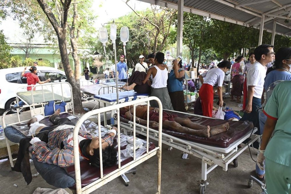 In this image provided by The Myanmar Military True News Information Team, victims caused by an earthquake is seen compound of government hospital Friday, March 28, 2025, in Naypyitaw, Myanmar. (The Myanmar Military True News Information Team via AP)